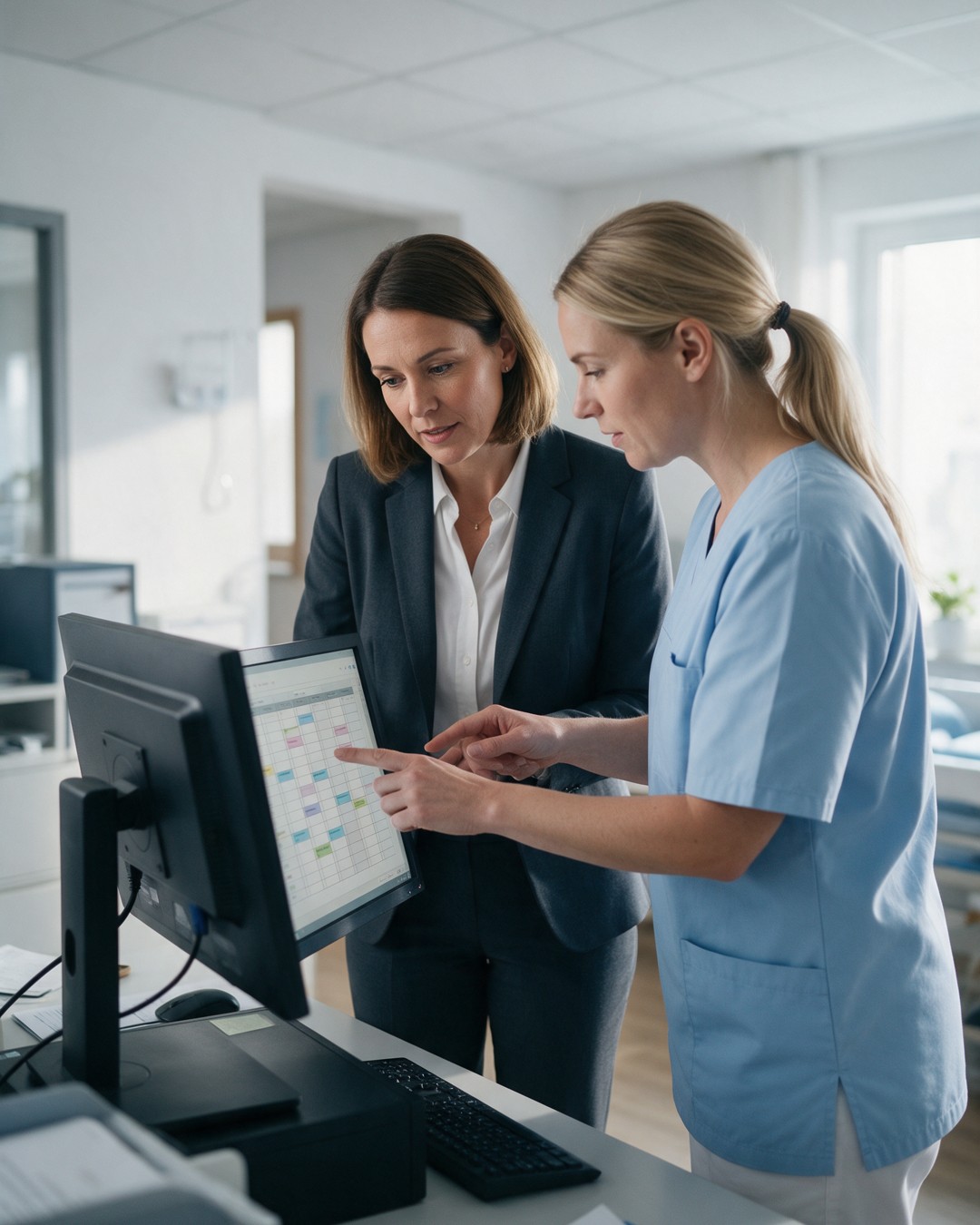 Pflegedienstleitung und Inhaberin besprechen den Dienstplan in der ambulanten Intensivpflege in Frechen Pflegedienstleitung und Inhaberin besprechen den Dienstplan in der ambulanten Intensivpflege in Frechen